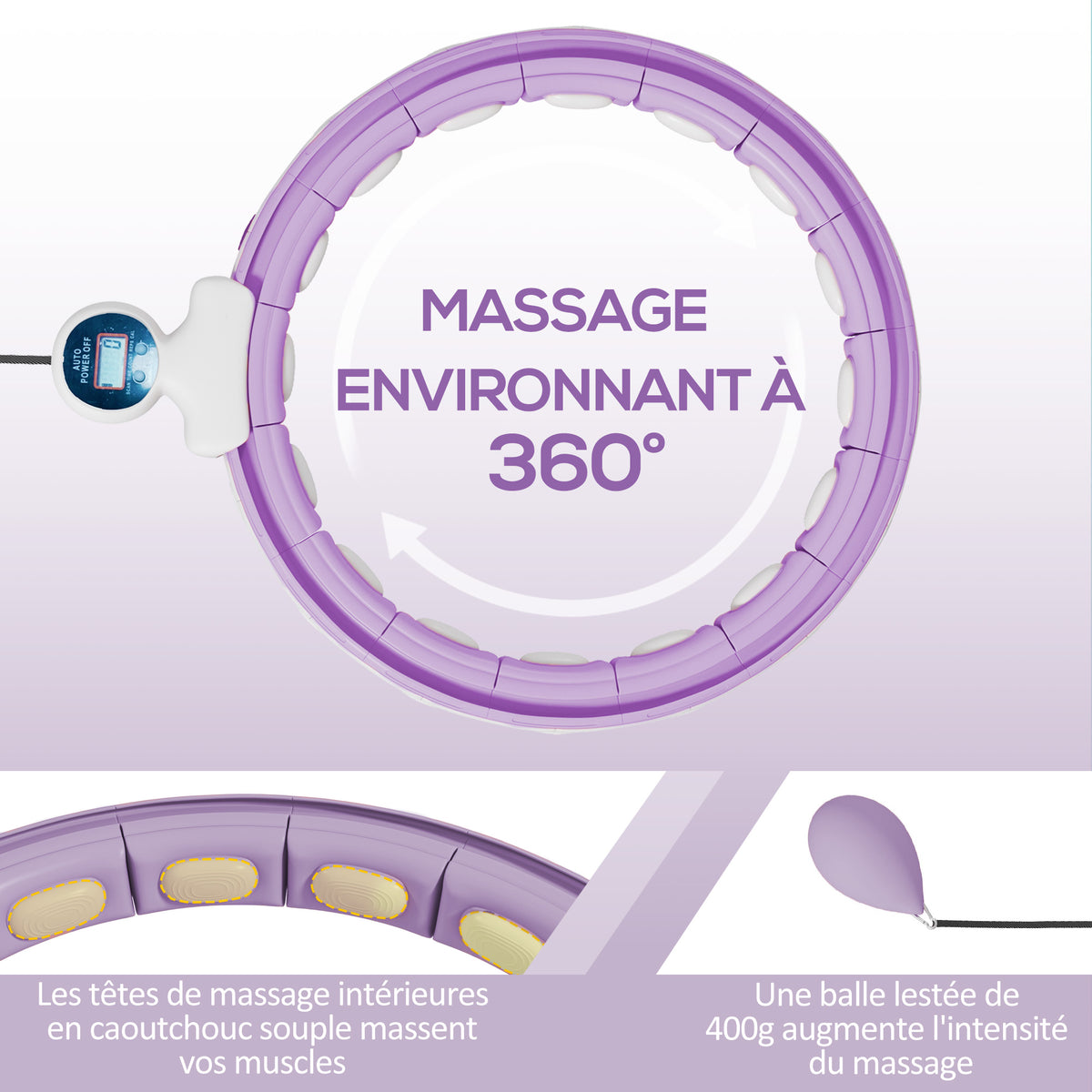 Hula hoop cerceau avec picots de massage ajustable 76-113 cm de tour de taille 16 segments amovibles 139x4,5cm violet