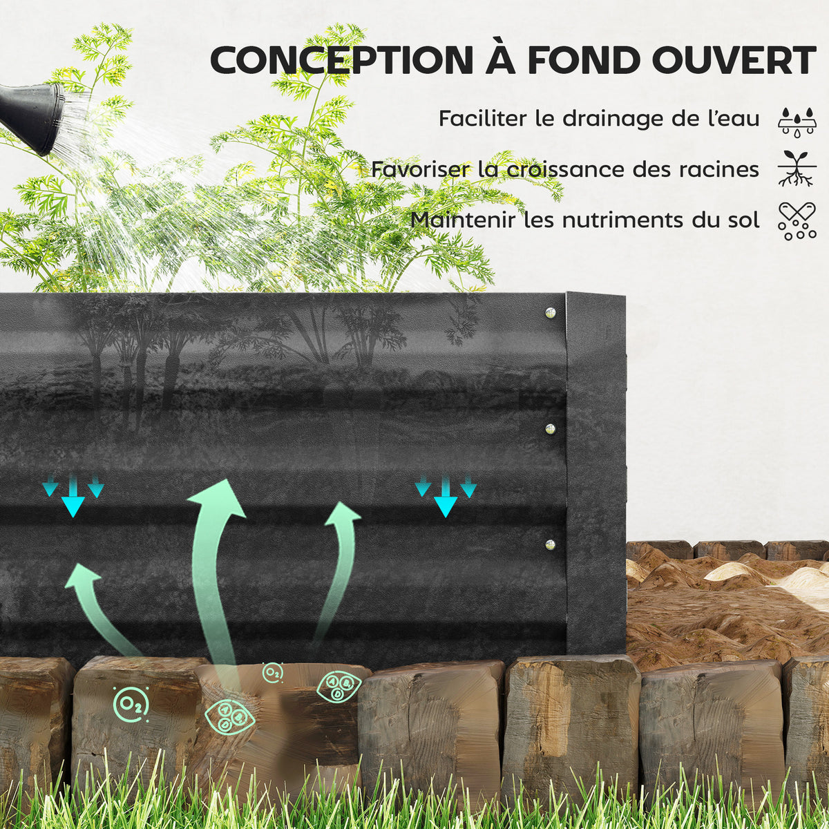 Carré potager de jardin rectangulaire jardinière extérieure 241 x 90,5 x 30 cm tôle d'acier ondulée noir