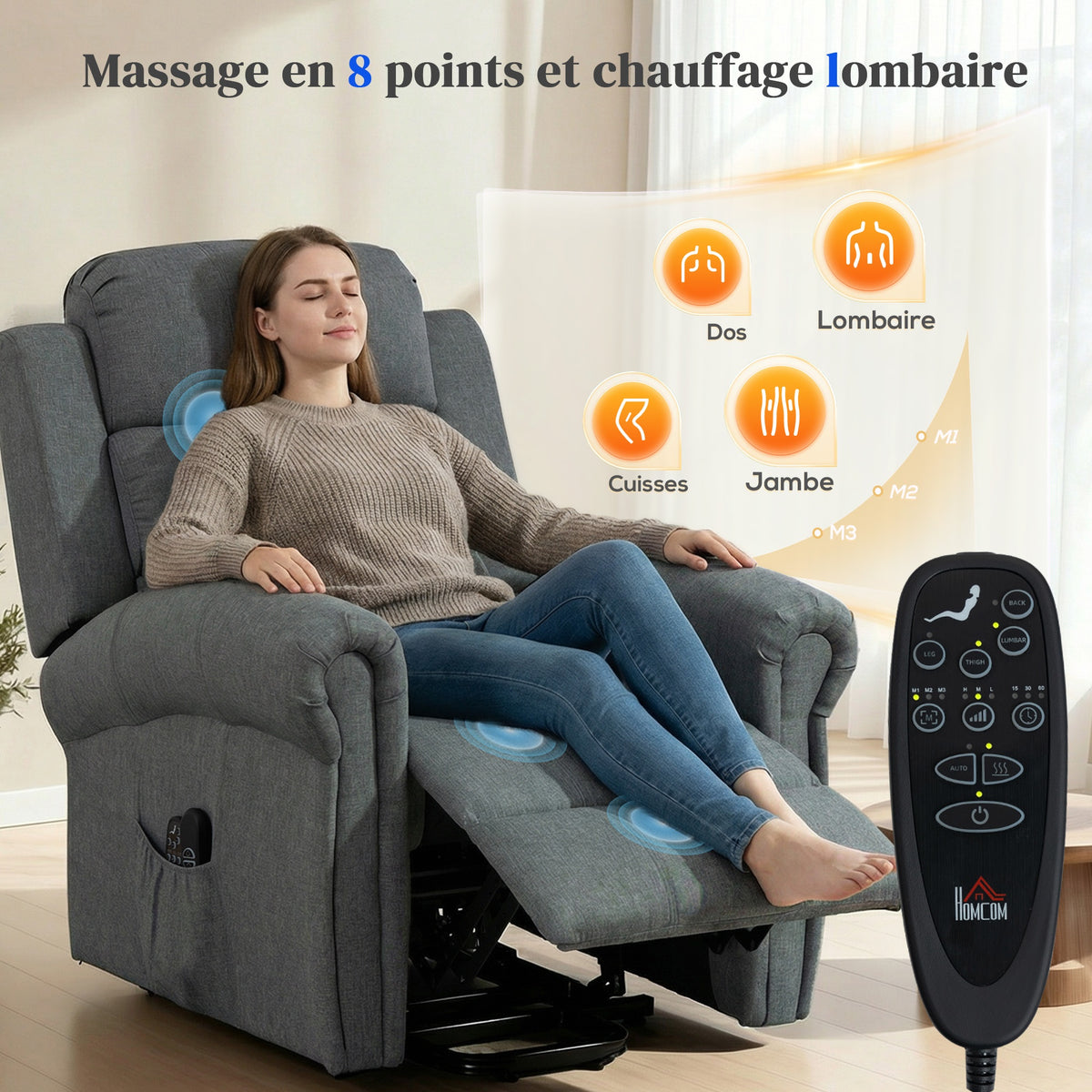 Fauteuil releveur électrique, fauteuil relax électrique avec fonction massage et chauffage, 87 x 87,5 x 108 cm, gris