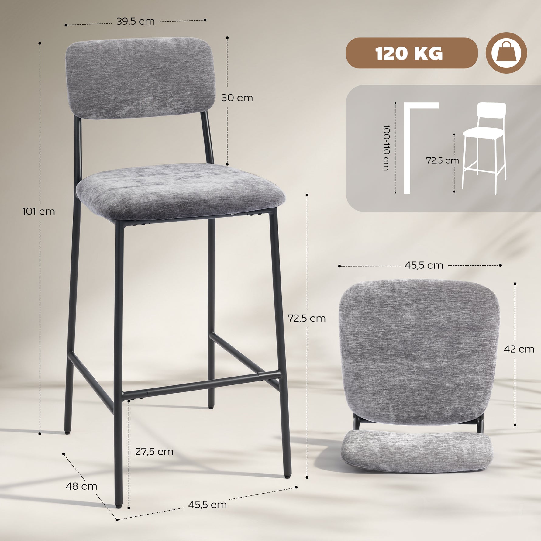 Lot de 2 tabourets de bar en tissu chenille, chaises de bar rembourrées, assise large, dossier haut, 45,5x48x101cm, gris