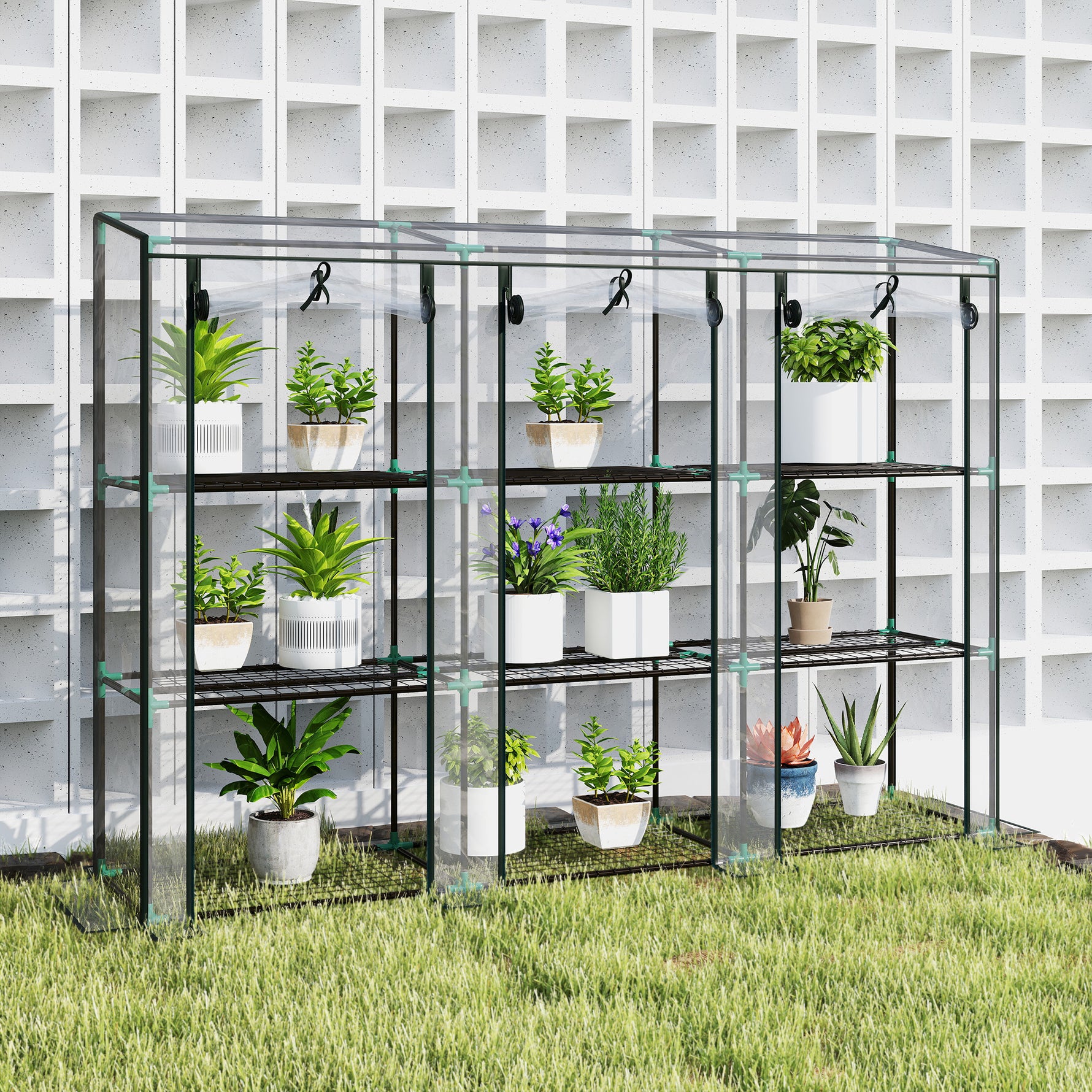 Serre de jardin avec étagères à 3 niveaux serre de balcon 3 portes enroulables zippées 215 x 46 x 151 cm transparent