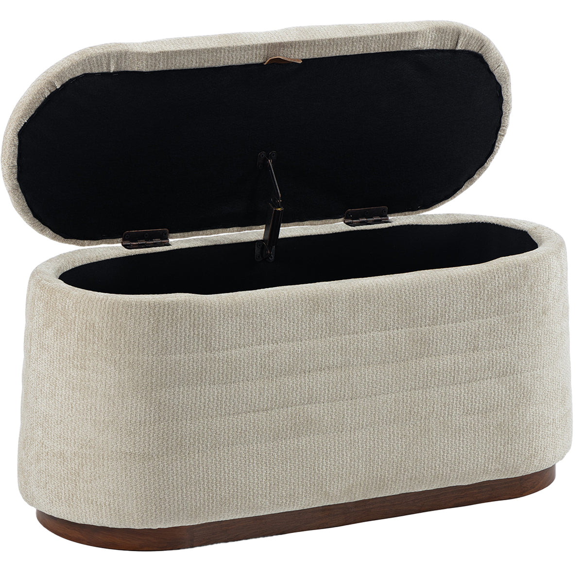Moderne ovale opbergbank van chenillestof, voetenbank met opbergruimte, belastbaar tot 220 kg, 91 x 40,5 x 45 cm, beige