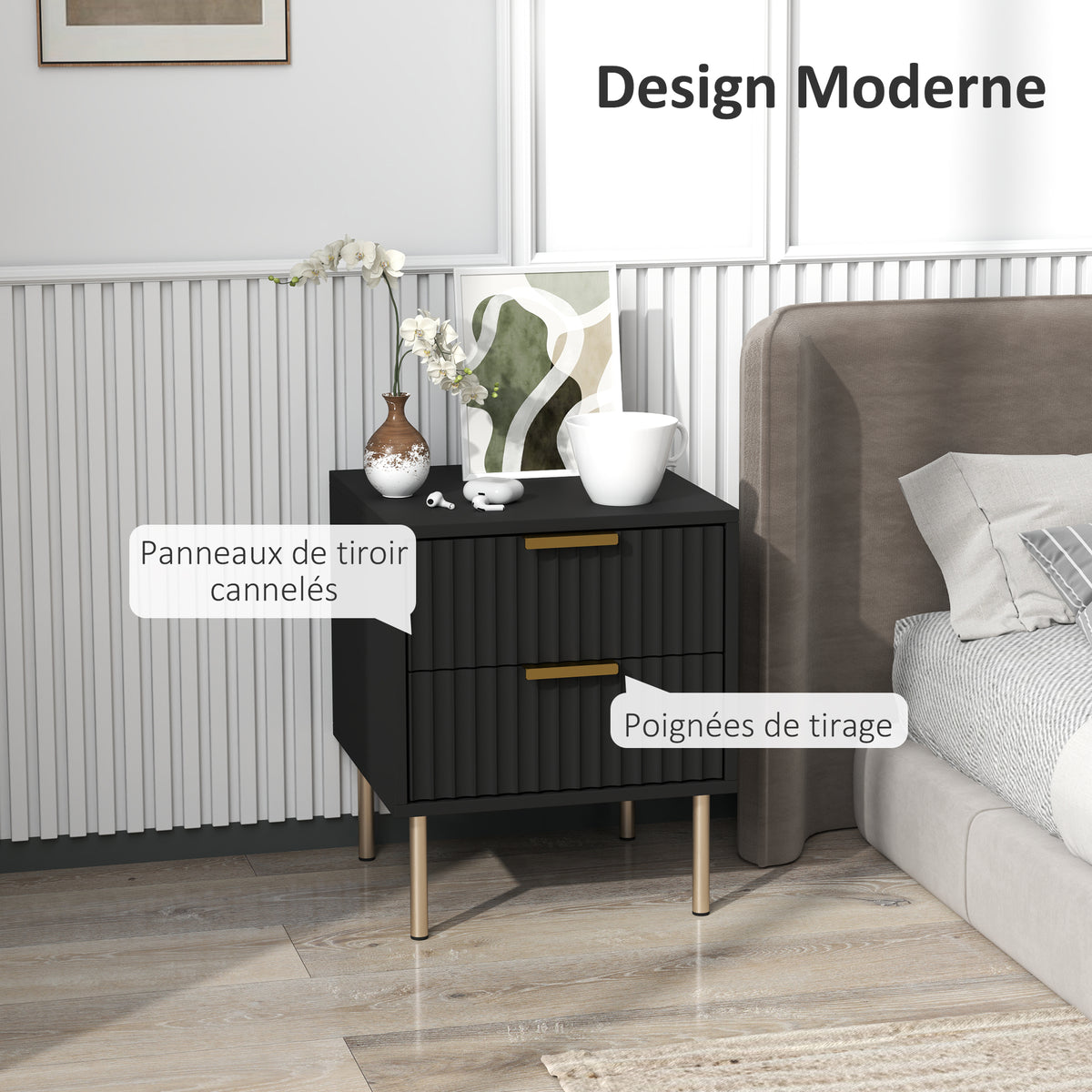 Mesita de noche, mesa de noche acanalada con 2 cajones y patas de acero, para dormitorio, salón, negro