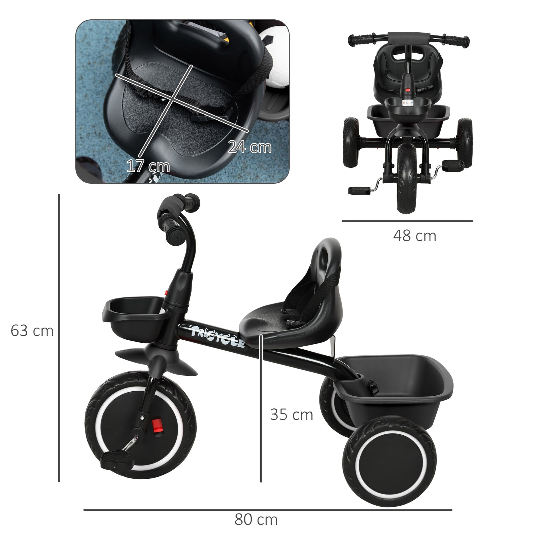 Tricycle pour enfant évolutif avec siège réglable pédales 2 paniers ceinture pour enfant de 2 à 5 ans noir