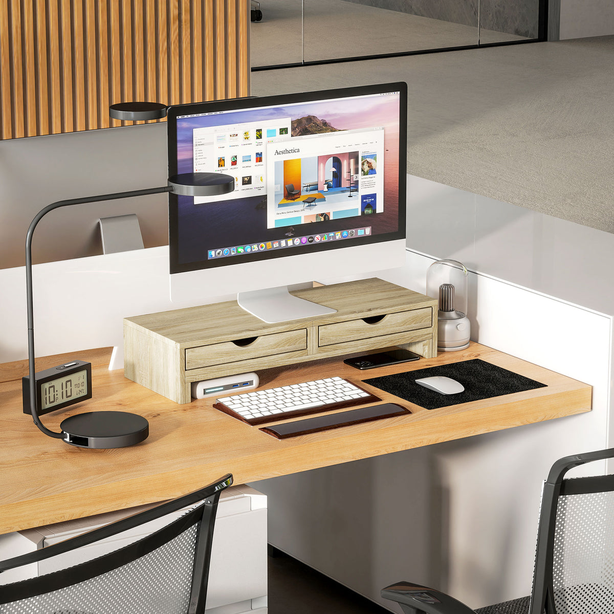 Rehausseur écran PC bureau support d'écran d'ordinateur de 60-116 cm avec 2 tiroirs, longueur et angle réglables