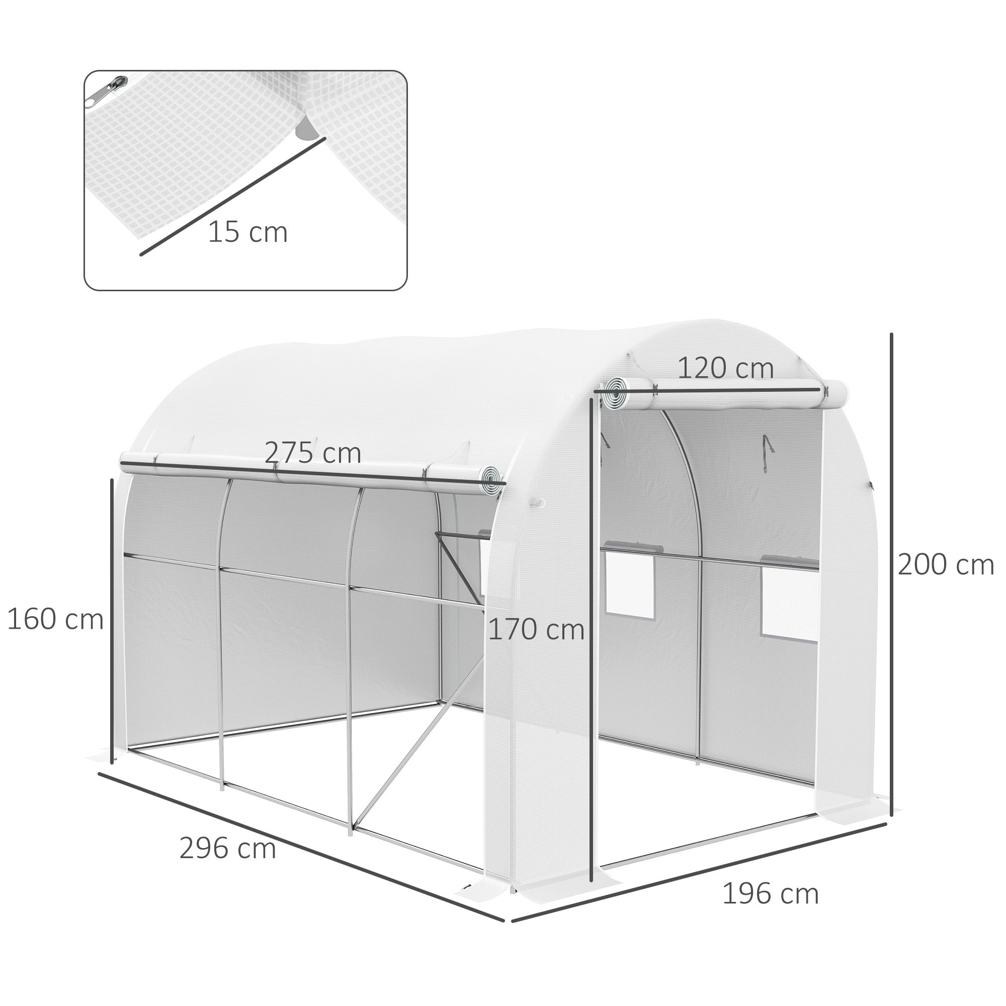 Serre de jardin 6 m² dim. 3 x 2 m avec 1 porte + 2 parois latérales zippées enroulables, 6 fenêtres, Blanc