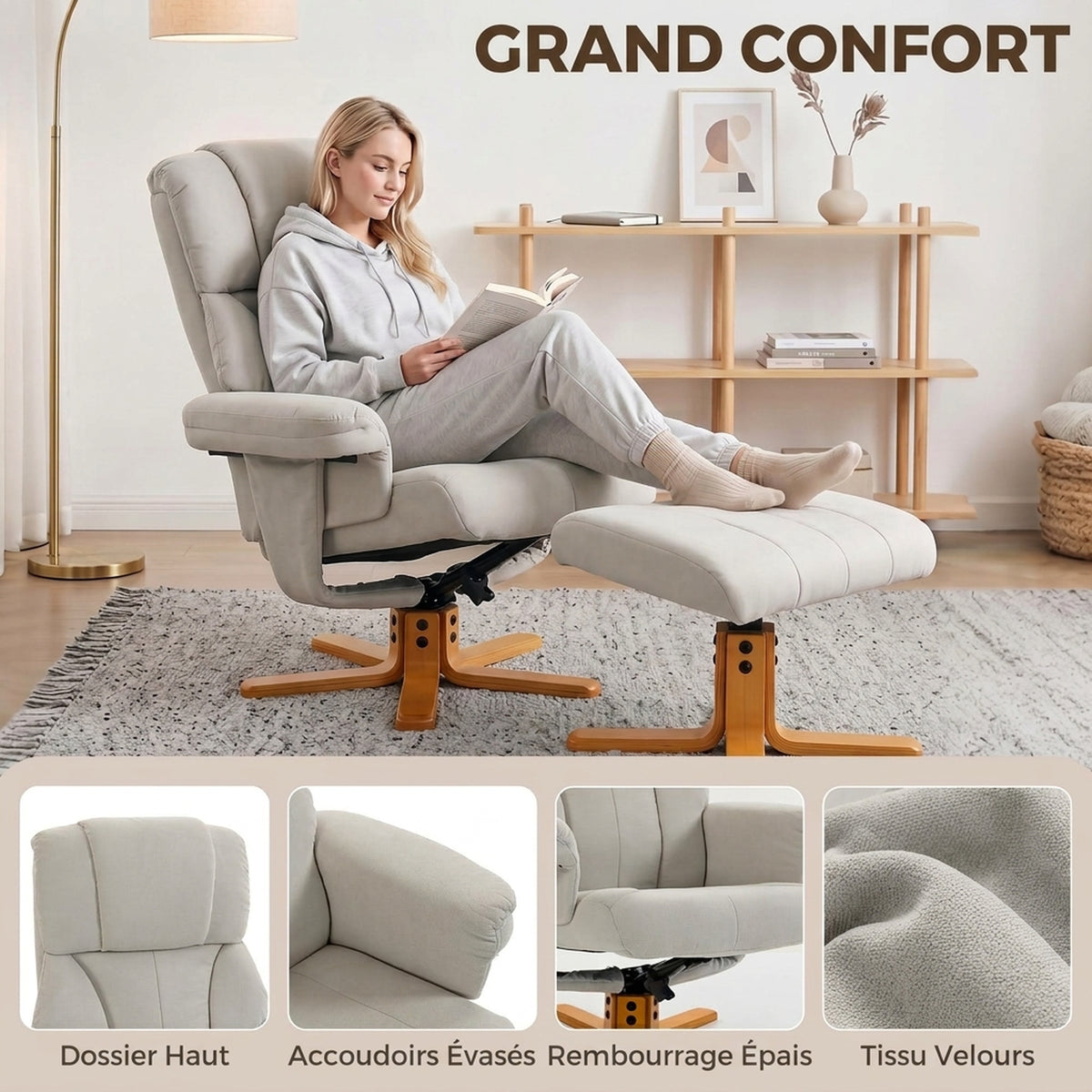 Recliner chair with footrest, relaxation chair, reclining backrest, padded seat, 79x80x104cm, cream