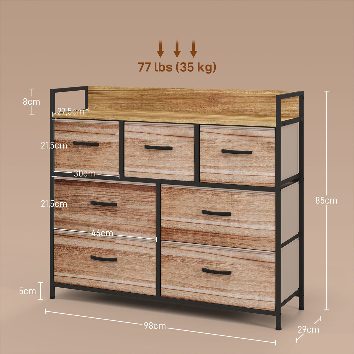 Cómoda de 7 cajones, mueble de almacenamiento con cajones de tela plegables - estructura de acero negro - 98 x 29 x 85 cm