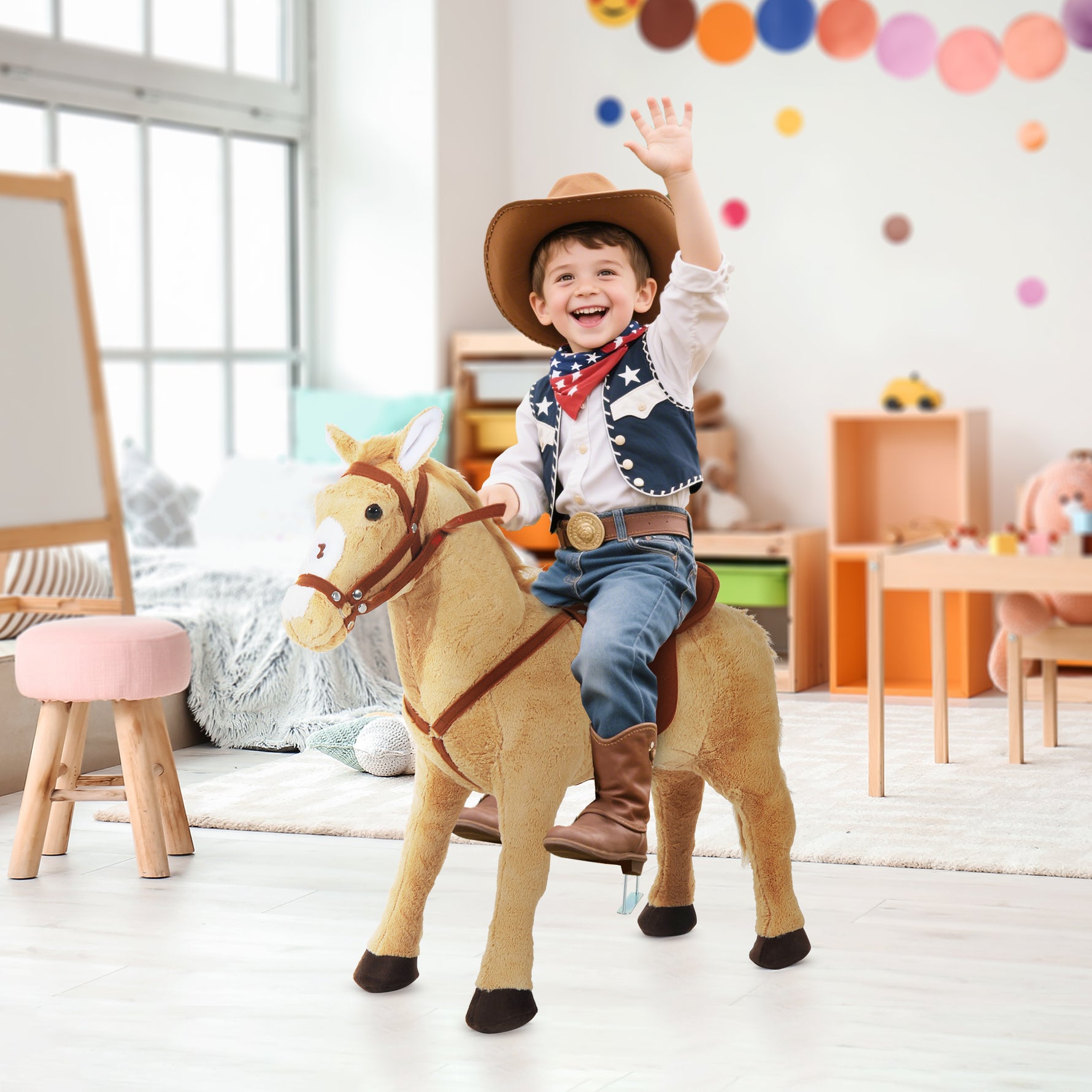 Cheval debout en peluche pour enfant à partir de 2 ans avec effets sonores selle et bride 85 cm (longueur) beige
