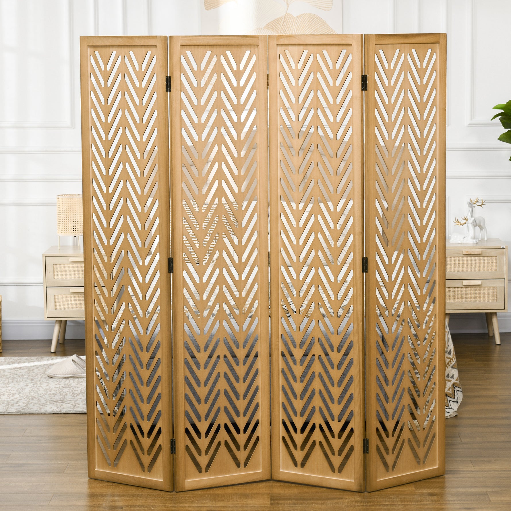Paravent en bois ajouré séparateur de pièce closion intérieur pliable 4 panneaux en bois 160 x 170 cm naturel