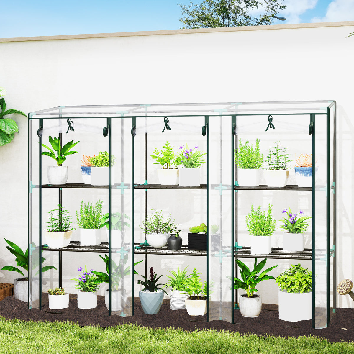 Serre de jardin avec étagères à 3 niveaux serre de balcon 3 portes enroulables zippées 215 x 46 x 151 cm transparent