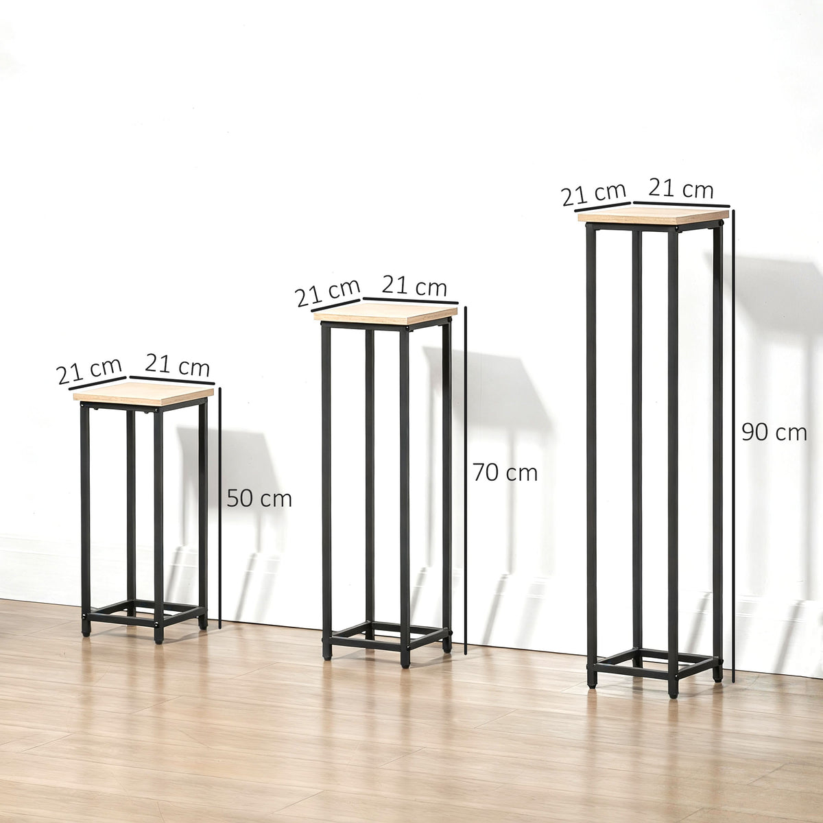 3 lorontzi-euskarri karratu pilagarrien multzoa - 21 x 21 x 50/70/90 cm - altzairua
