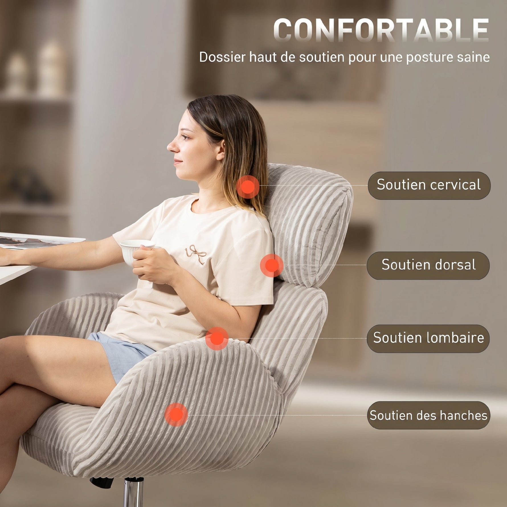 Chaise bureau ergonomique en velours, fauteuil de bureau avec dossier haut, appui-tête réglable et accoudoirs, gris