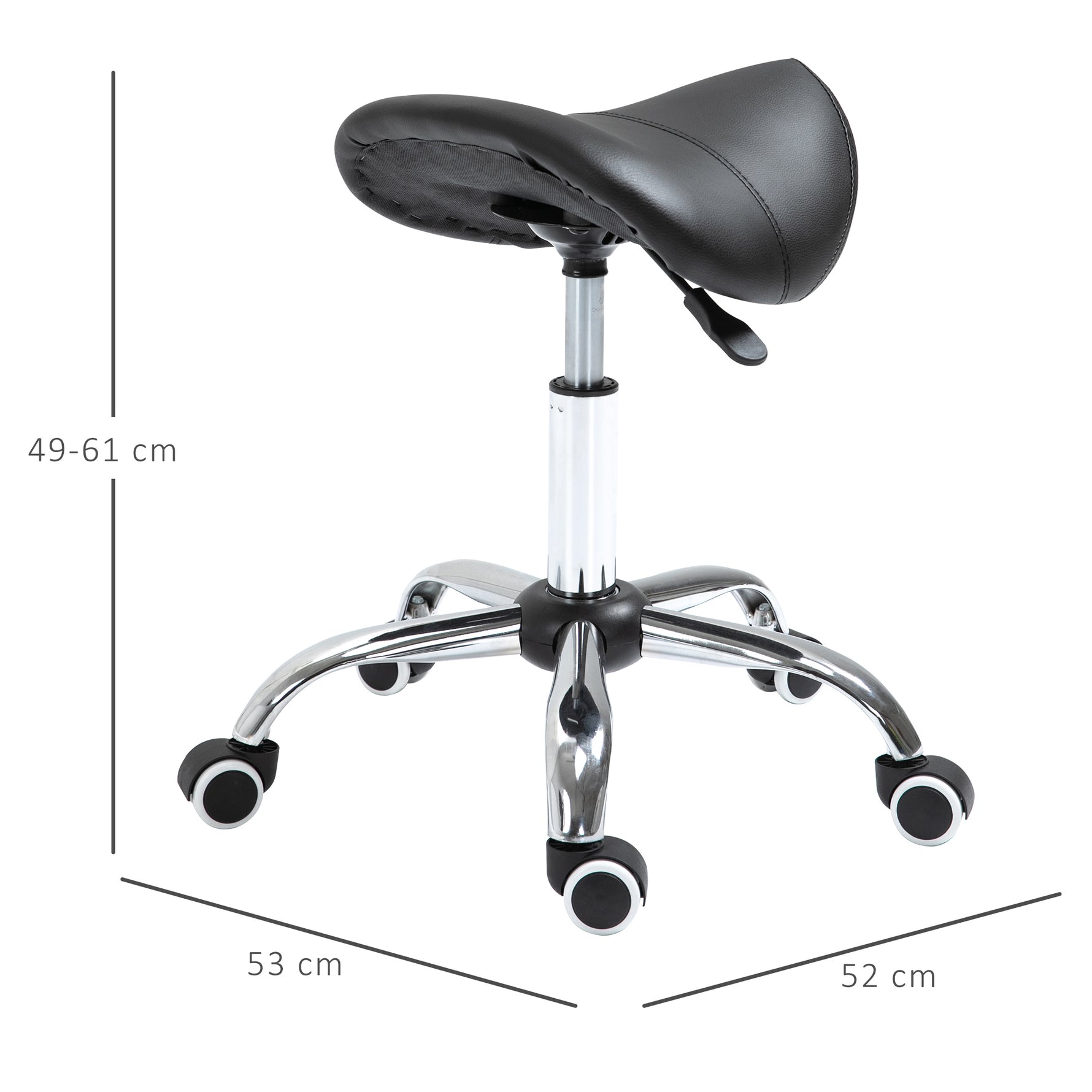 Tabouret à roulettes, tabouret de massage avec hauteur réglable 49-61 cm et selle ergonomique, chaise de travail à roulettes pivotant 360°, pour salon de massage tatouage clinique spa, noir