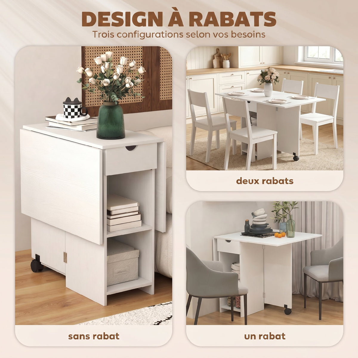 Tavolo da pranzo pieghevole, tavolo da cucina allungabile per 2-4 persone, 2 ribalte, 120 x 72 x 75 cm, bianco