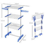 Séchoir à linge étendoir pliable ailes latérales utilisation intérieure et extérieure 3 niveaux 142 x 55 x 152 cm bleu