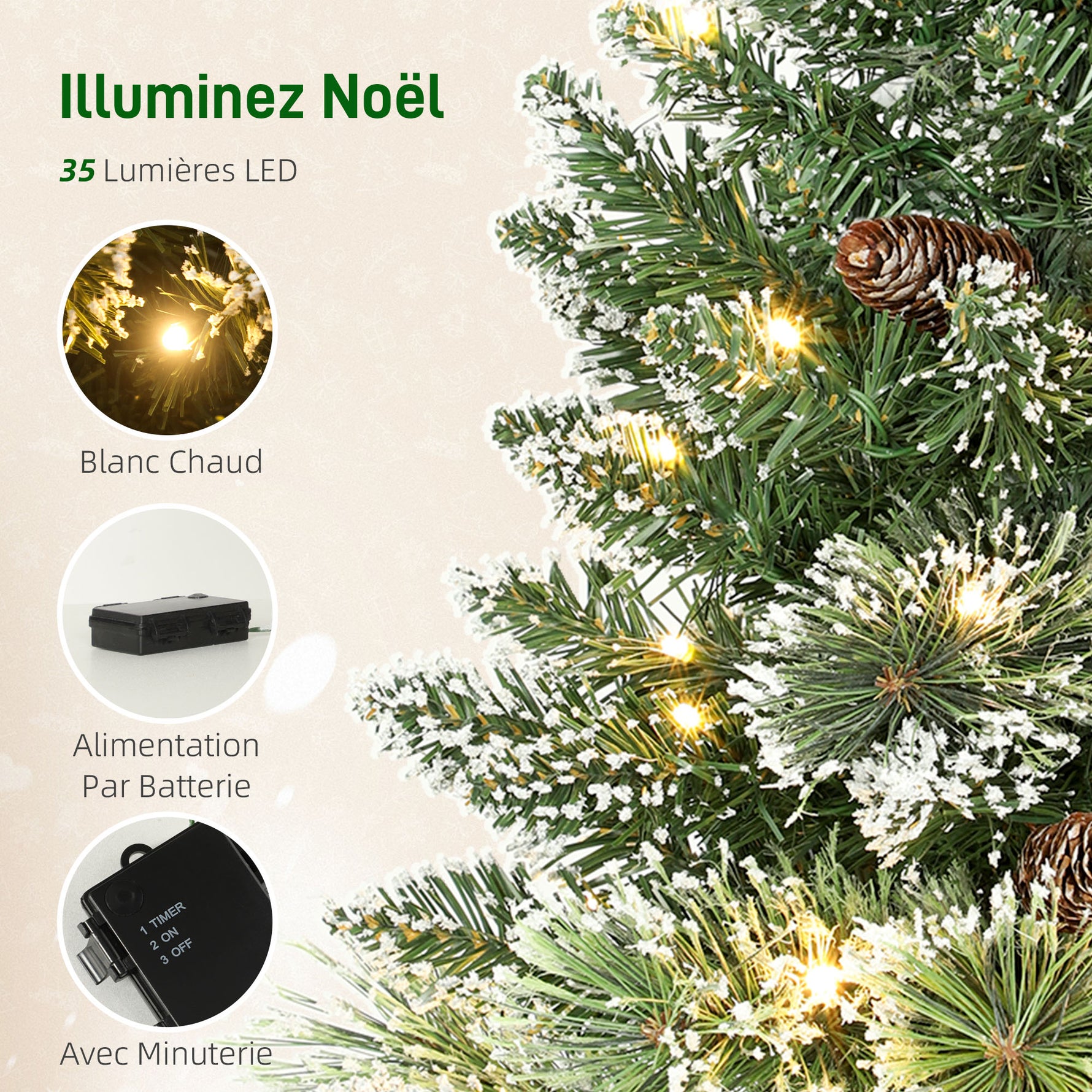Sapin de Noël artificiel 60 cm, mini arbre de Noël de table floqué avec 35 LED, pommes de pin, fonctionne à piles, vert