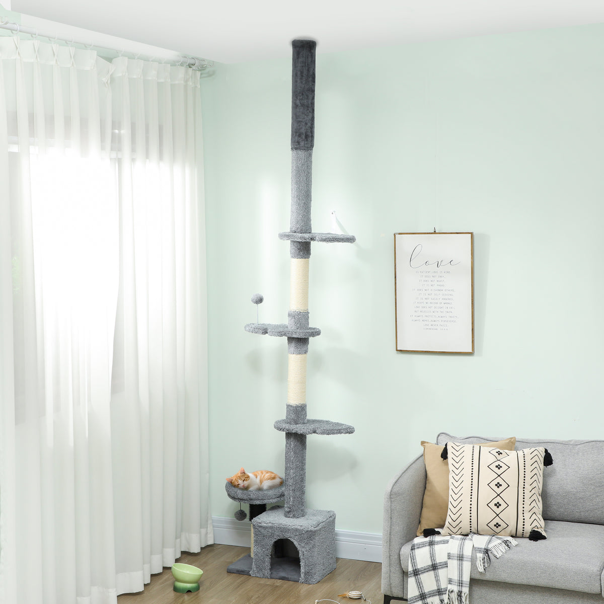 Arbre à chat du sol au plafond, tour à chat réglable en hauteur 225-255 cm à plusieurs niveaux, revêtement peluche, gris