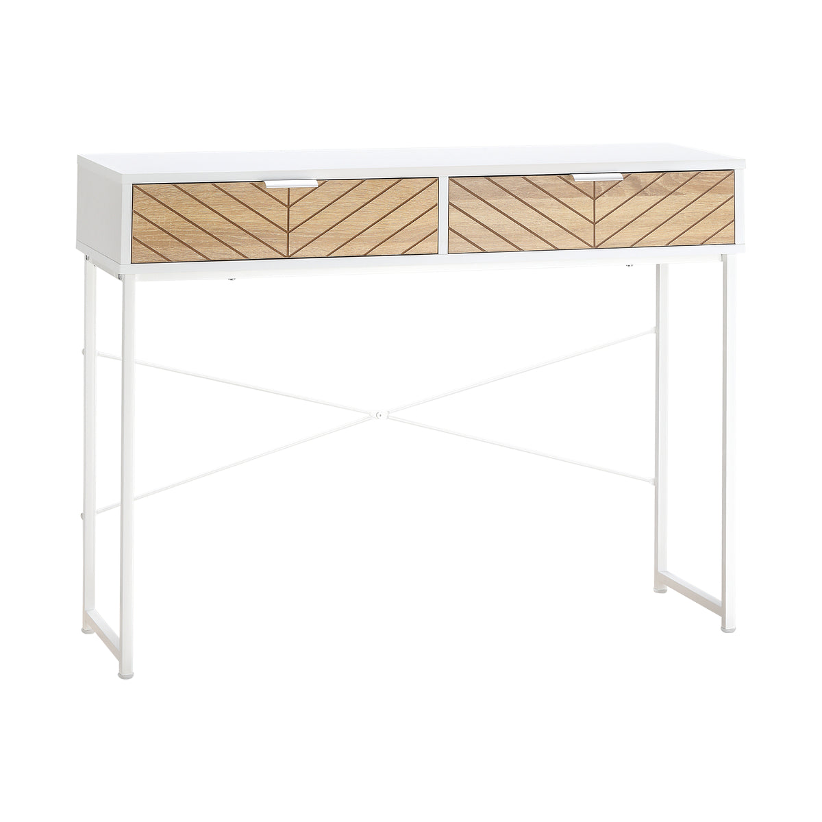 Table Console Industriel 2 tiroirs Aspect Bois de chêne sculpté Motif à Chevrons piètement métal Blanc