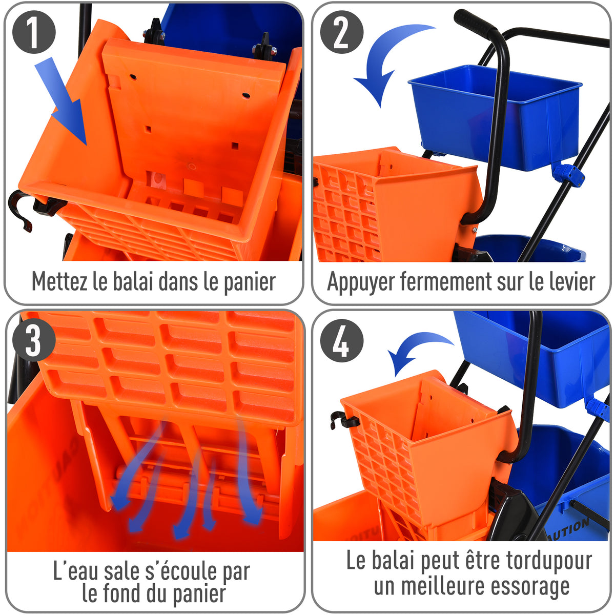 Chariot de ménage chariot de lavage professionnel essoreuse latérale seau 26 L + panier de rangements 78 x 45 x 95 cm métal et plastique orange