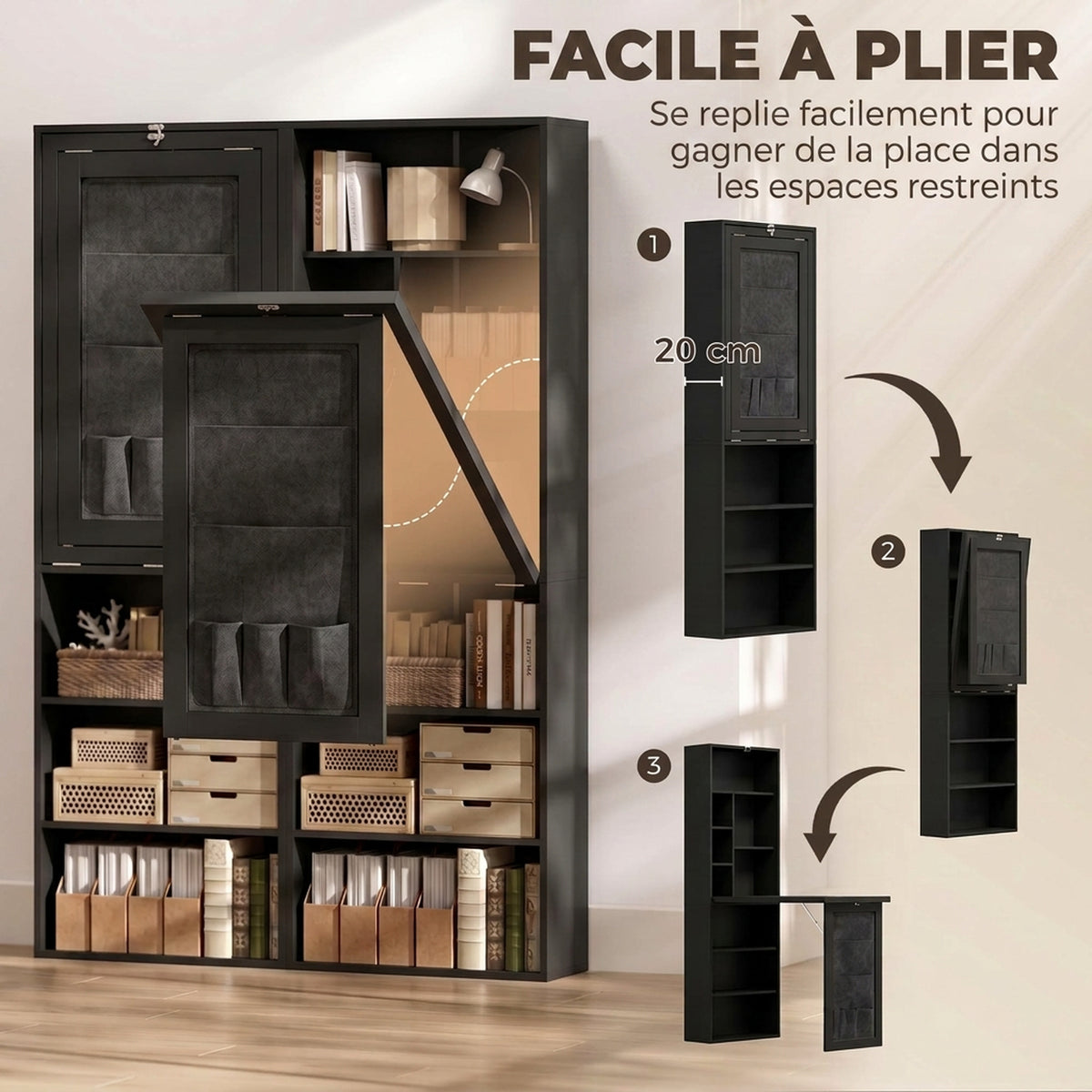 Bureau Informatique Pliable avec Pochette Suspendue, Compartiments Ouverts et Étagère Réglable, Noir
