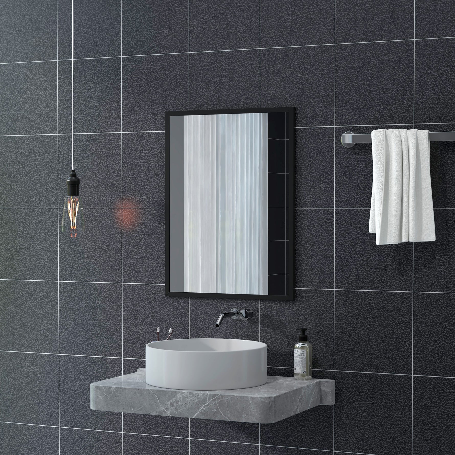 Miroir mural rectangulaire 80 x 60 cm, cadre en bois noir, idéal pour la salle de bain, salon ou chambre