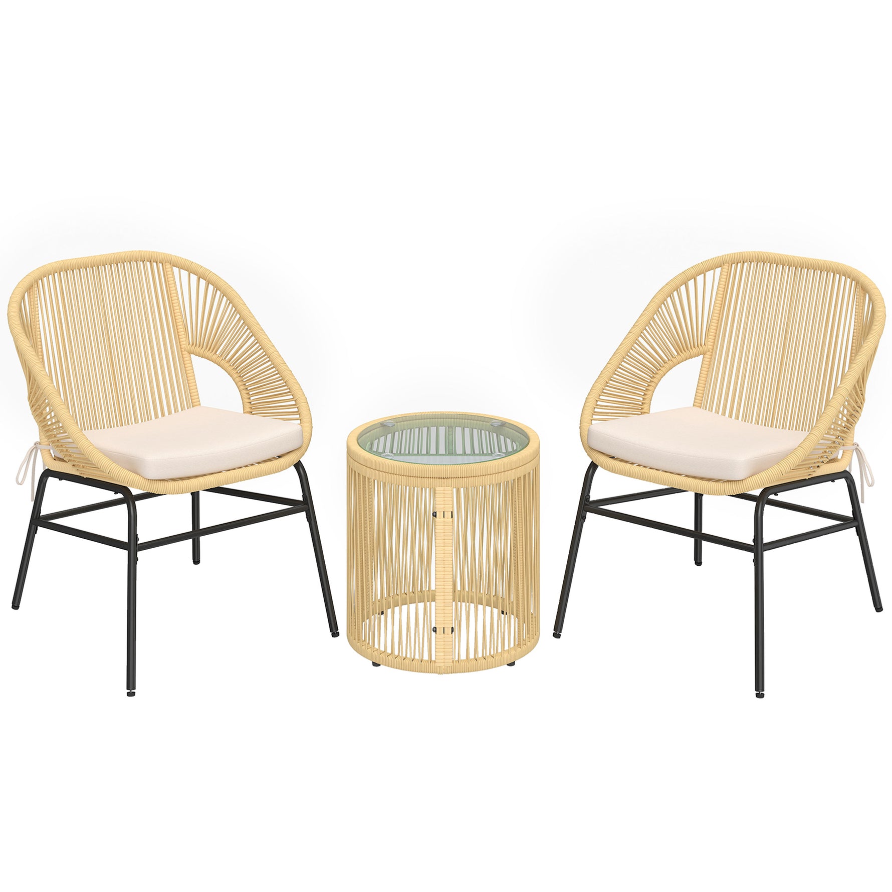 Ensemble Bistro Salon de Balcon 3 Pièces 2 Fauteuils Confortables et Table en Verre Trempé Coussins Déhoussables Beige
