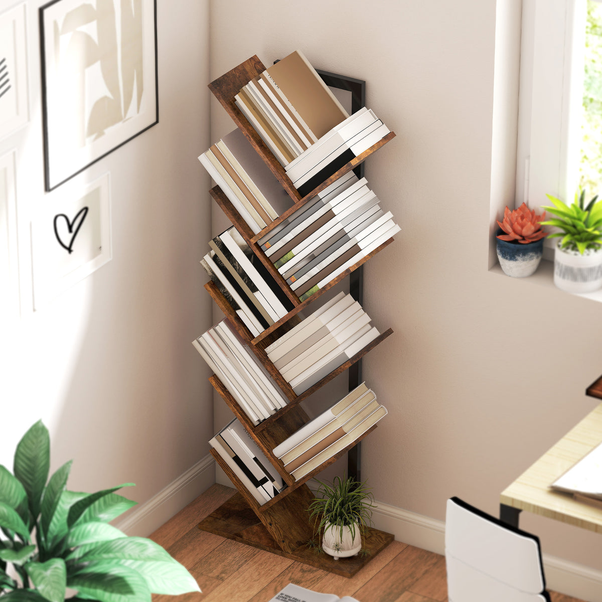Bibliothèque Arbre à 9 Niveaux, Meuble de Rangement Industriel avec Cadre en Acier, 50x24x136cm, Brun Rustique