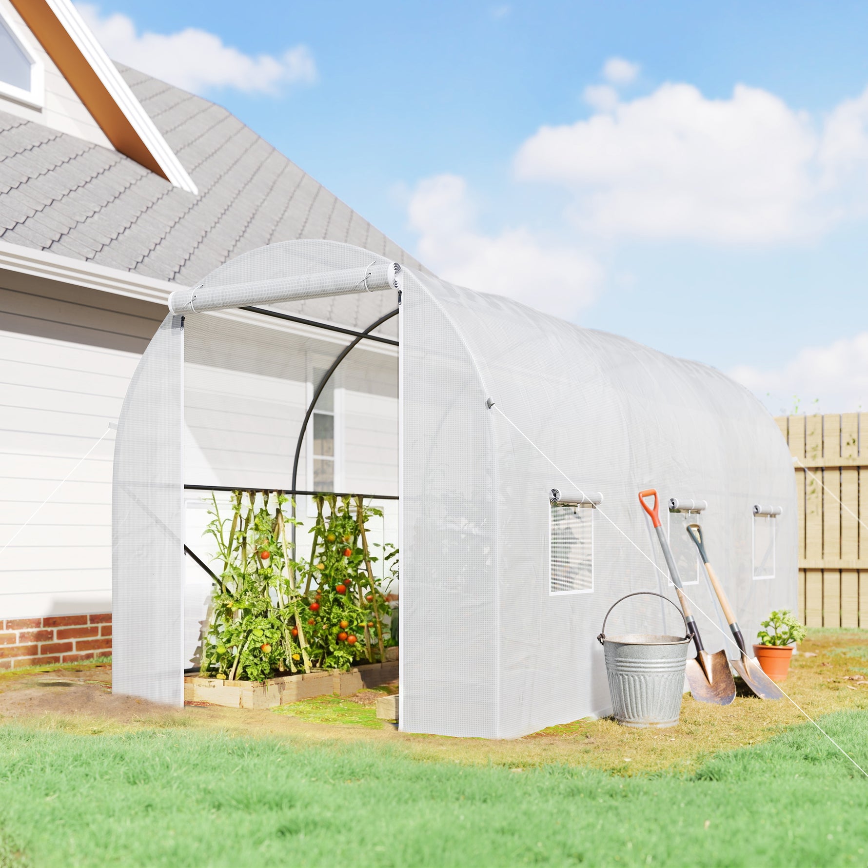 Serre tunnel de jardin 7m², serre de jardin tunnel avec porte et 6 fenêtres, bâche PE 140 g/m² 350 x 200 x 200 cm blanc