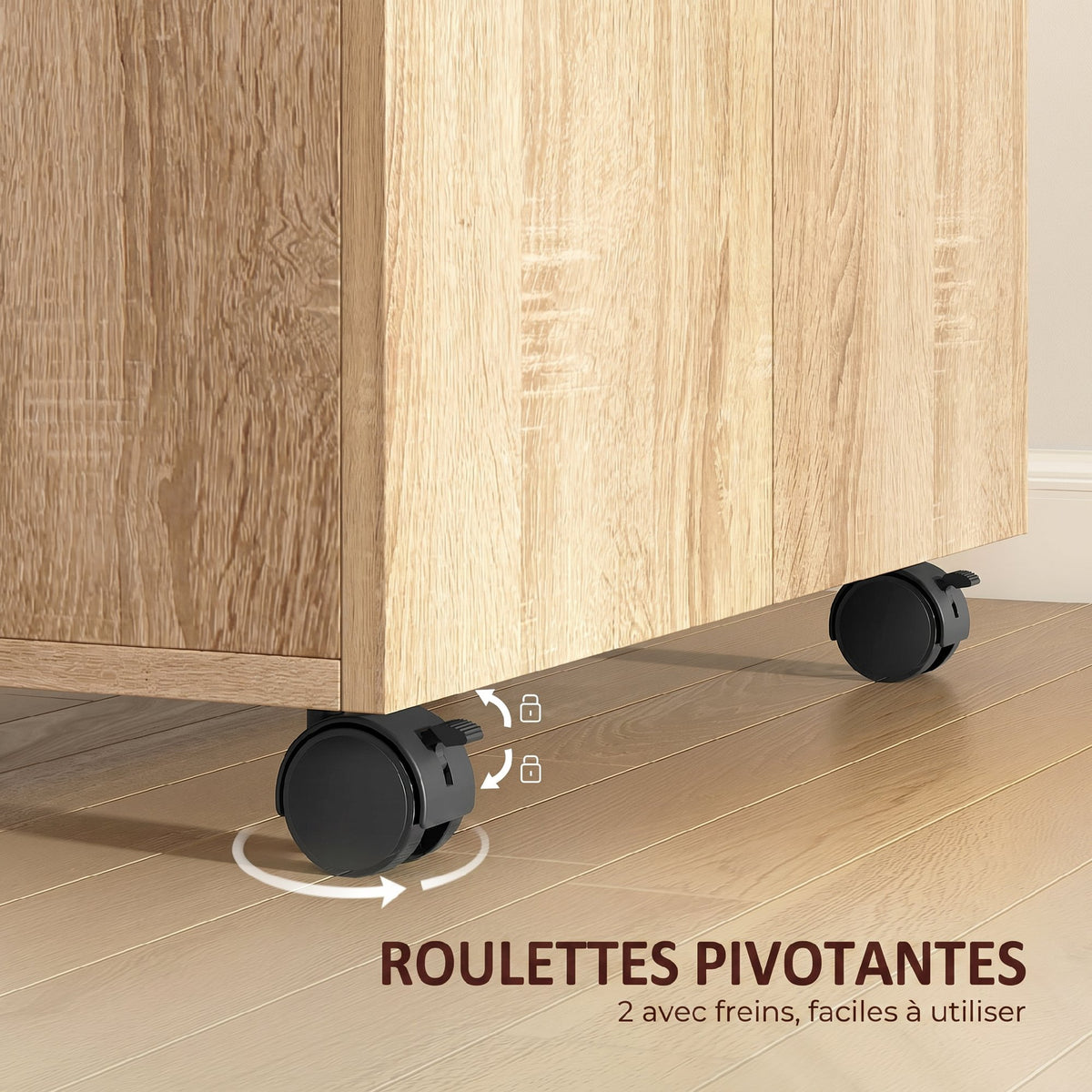 Meuble de Rangement Buffet bas sur roulettes avec 2 Portes étagère Interne 60 x 35 x 65 cm bois naturel