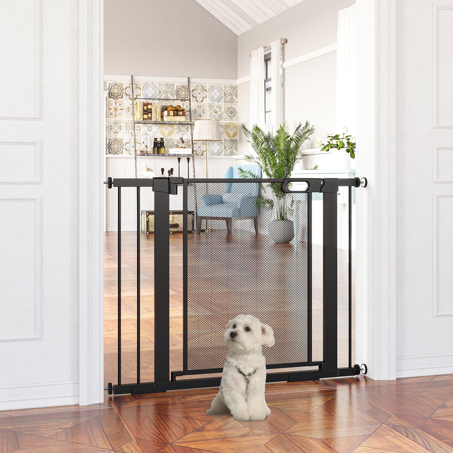 Barrière de sécurité pour animaux domestique avec fermeture automatique double verrouillage largeur 75-103 cm noir