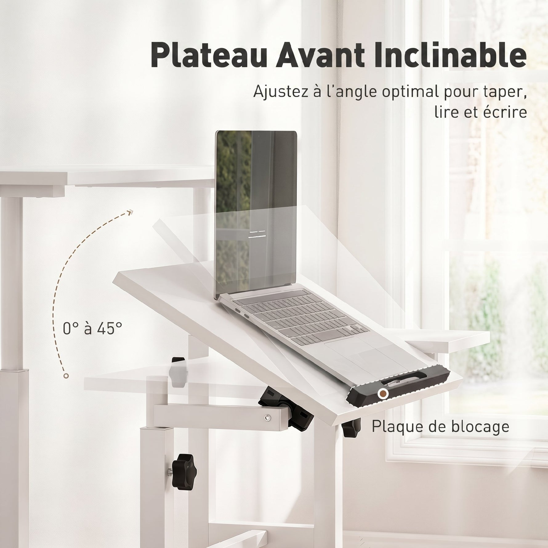 Bureau Assis-Debout, Bureau Réglable en Hauteur 70 x 60 cm, à Roulettes avec Plateau Inclinable, 70x60x70,5-120cm, Blanc