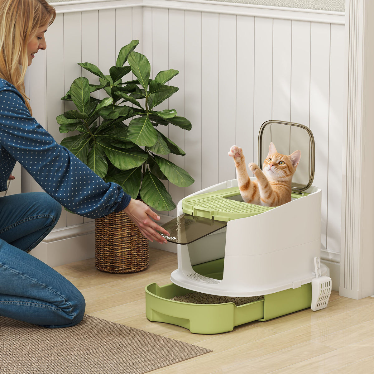 Maison de toilette pour chat bac à litière fermé chat avec porte translucide pelle incluse 40,5 x 52,5 x 42,5 cm vert