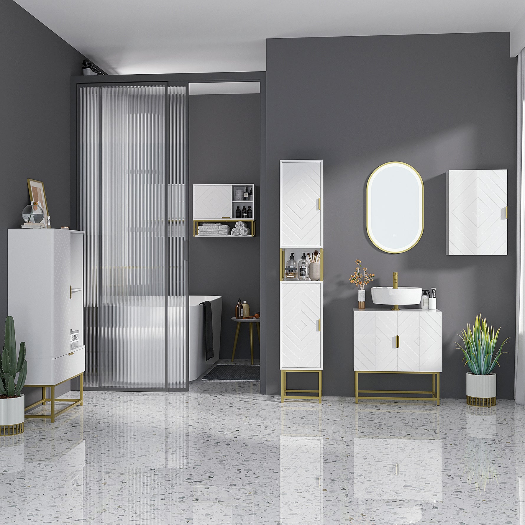 Meuble colonne rangement salle de bain avec niche et 2 placards étagère réglable pieds en acier