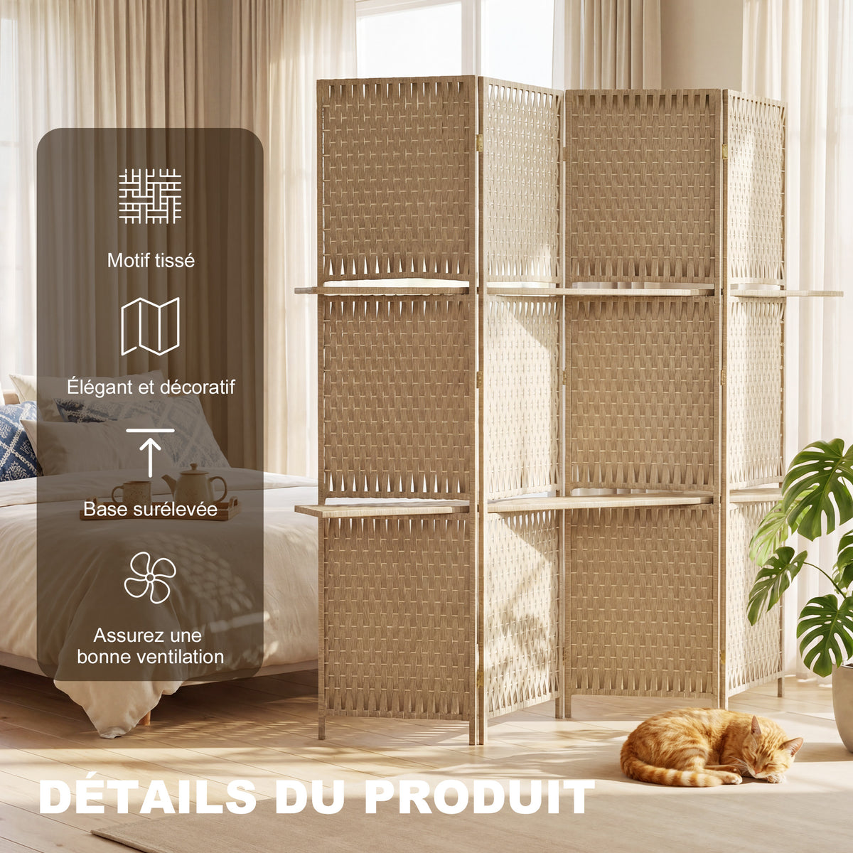 Séparateur de pièces 4 panneaux 2 étagères pliables naturel paille