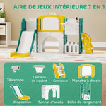 Toboggan pour enfant 7 en 1 avec panier de basket, télescope, rangement, tunnel, escalade, tableau de dessin, jaune