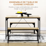 Ensemble table à manger et 2 bancs cadre en acier 4 personnes pour cuisine salle à manger salon naturel et noir