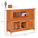 Cage à lapin poulailler clapier en bois de pin de grande taille avec 2 étages râtelier à foin toit ouvrant dim.120L x 48l x100H cm