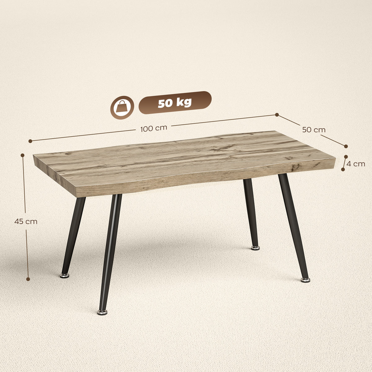 Table basse, table d'appoint moderne avec pieds en acier et plateau épais de 4 cm, 100 x 50 x 45 cm, chêne et noir