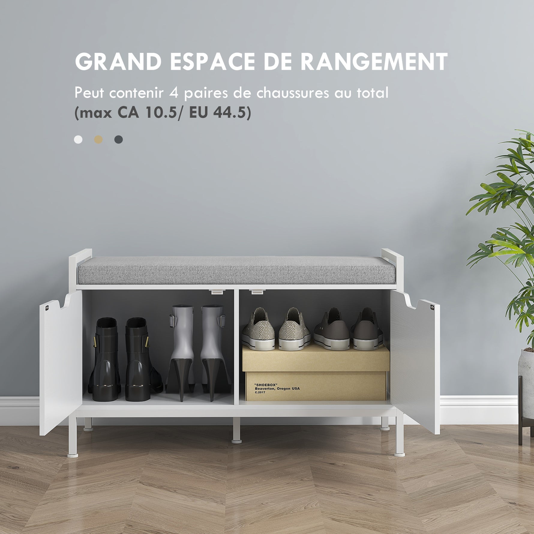 Banc meuble à chaussures, 2 placards, meuble d'entrée avec coussin rembourrée, 84l x 35P x 50H cm, blanc