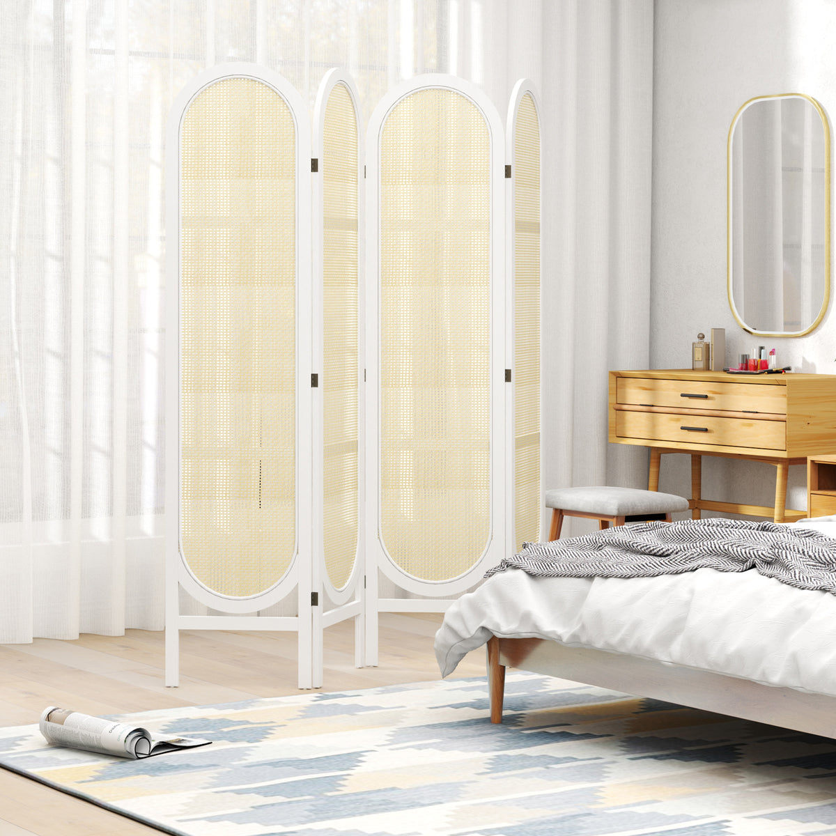 Paravento da interno in legno a 4 pannelli 170 x 160 cm, pieghevole e portatile, motivo intrecciato a mano, bianco