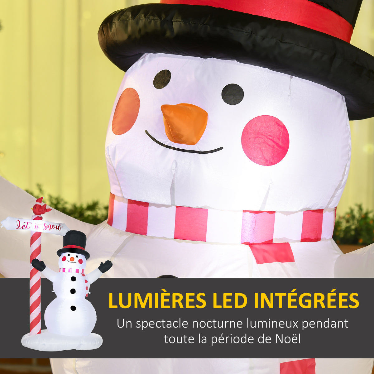 Bonhomme de neige gonflable avec pancarte 3 LED polyester imperméable hauteur 213 cm blanc