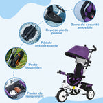 Tricycle enfant évolutif pare-soleil pliable canne télescopique amovible 95 x 50 x 106 cm acier violet blanc