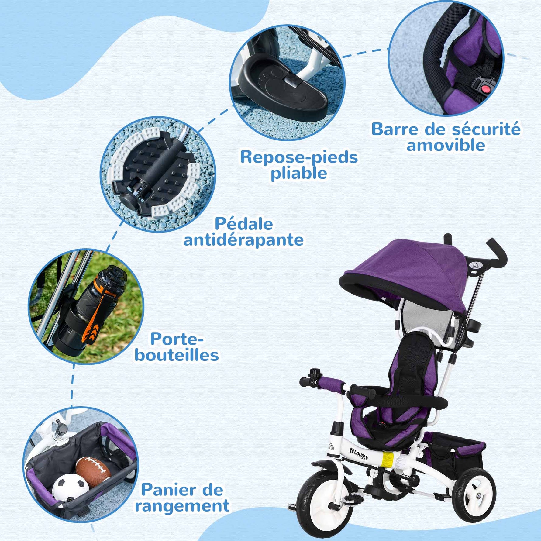 Tricycle enfant évolutif pare-soleil pliable canne télescopique amovible 95 x 50 x 106 cm acier violet blanc