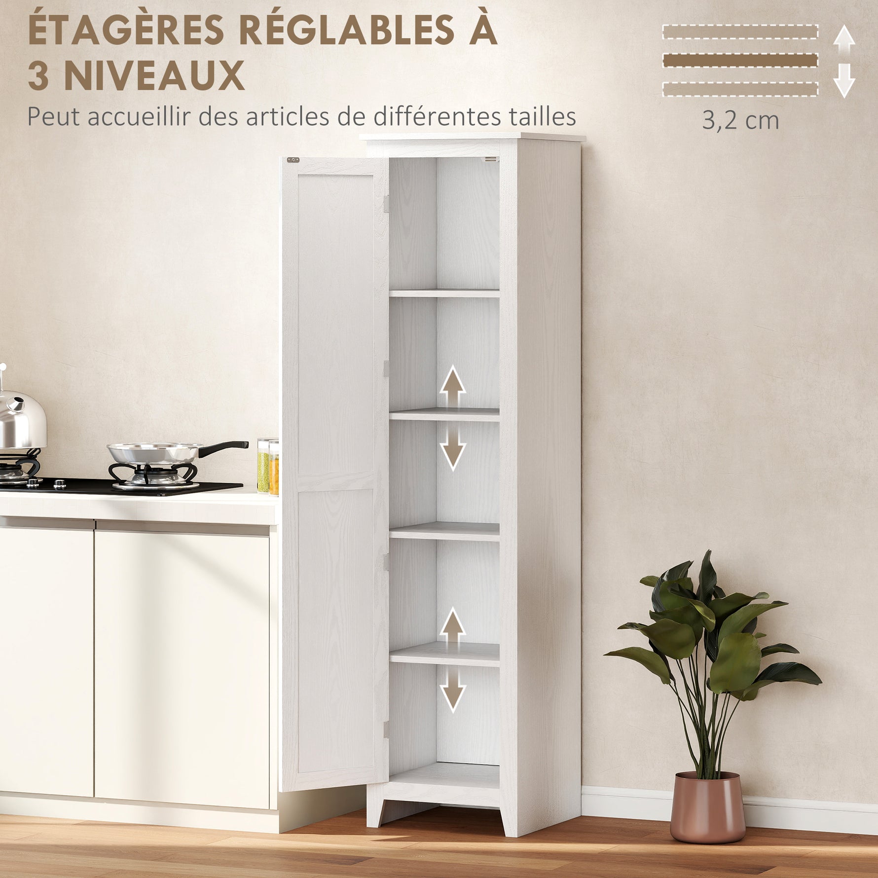 Armoire de Rangement buffet cuisine avec 2 étagères réglables- Hauteur 170 cm en Bois Blanc