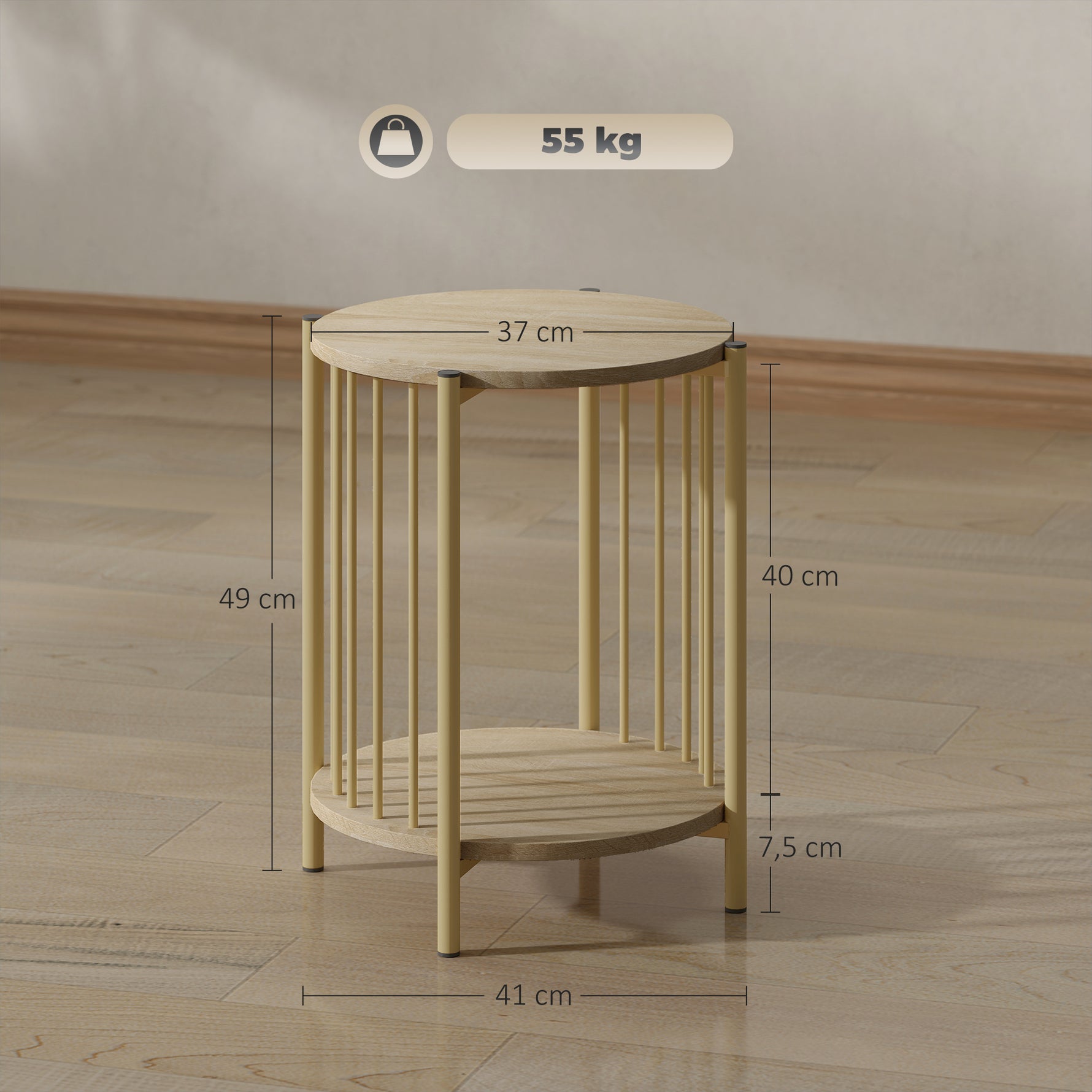 Table d'appoint, bout de canapé à 2 niveaux avec étagère de rangement et cadre en acier, Ø 41 x 49 cm effet bois naturel