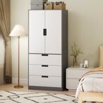 Armoire chambre penderie avec 2 portes à fermeture douce, 3 tiroirs et barre de suspension, 80x50x180cm, gris et blanc