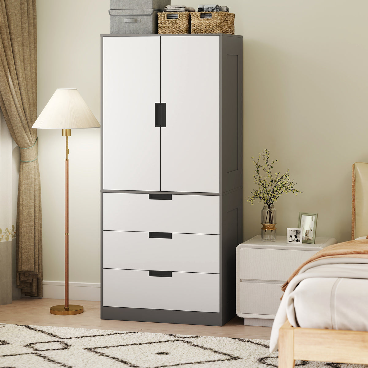 Armoire chambre penderie avec 2 portes à fermeture douce, 3 tiroirs et barre de suspension, 80x50x180cm, gris et blanc
