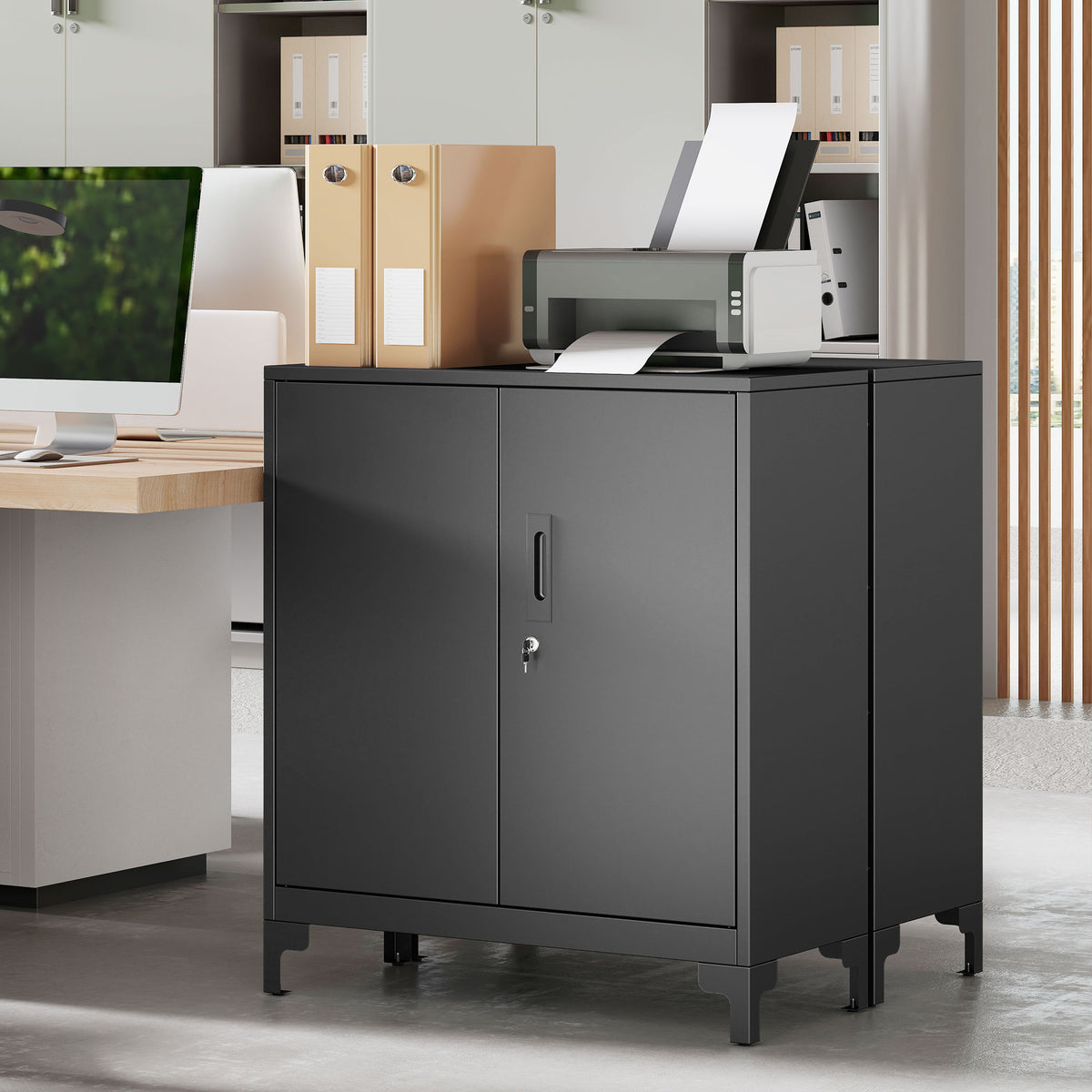 Büroschrank mit 2 Ebenen, Metall-Büroaufbewahrung mit 2 abschließbaren Türen, 80 x 35 x 91 cm, schwarz