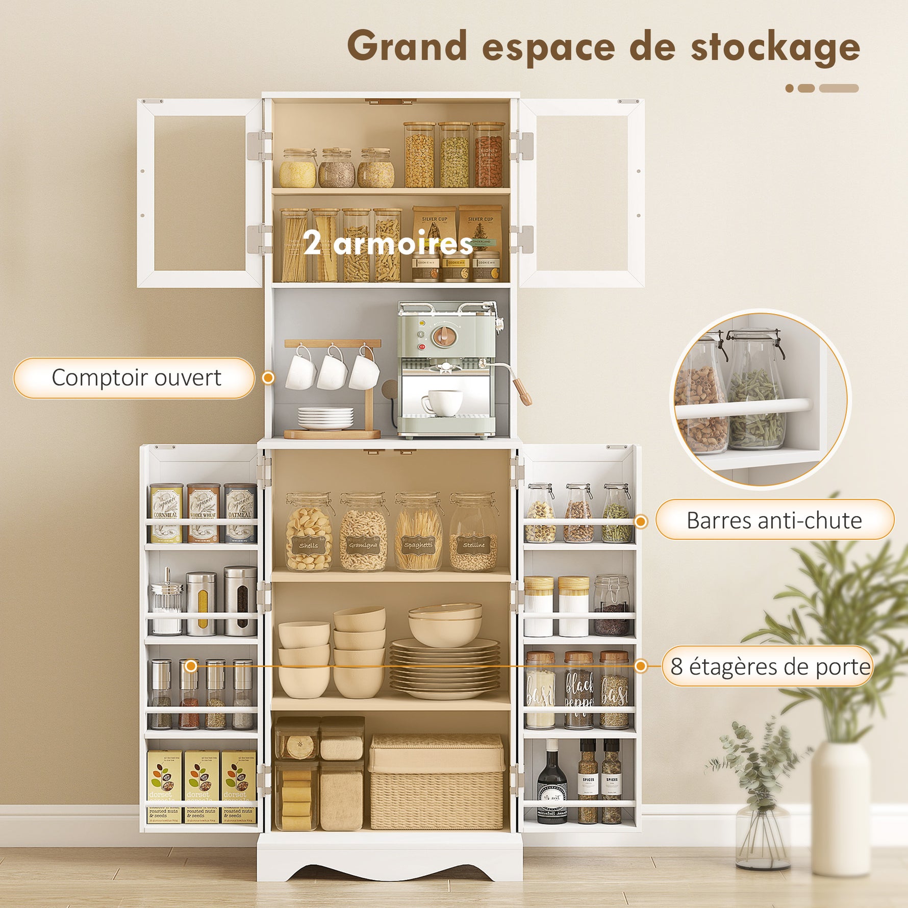 Buffet haut cuisine armoire de cuisine 4 portes 8 porte-épices plan de travail étagère réglable 60x39,5x179,6cm blanc